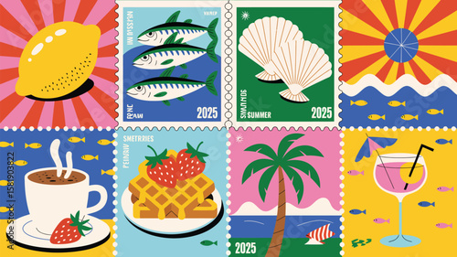 Summer Stamp Series 2021–2025 – Vibrant Tribute to Seasonal Icons Across the Years; Lemons, Fish, Waves, Waffles, and Beach Escapes Illustrated in Playful Postal Frames of Sunshine