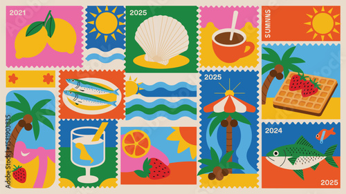Summer Stamp Series 2021–2025 – Vibrant Tribute to Seasonal Icons Across the Years; Lemons, Fish, Waves, Waffles, and Beach Escapes Illustrated in Playful Postal Frames of Sunshine