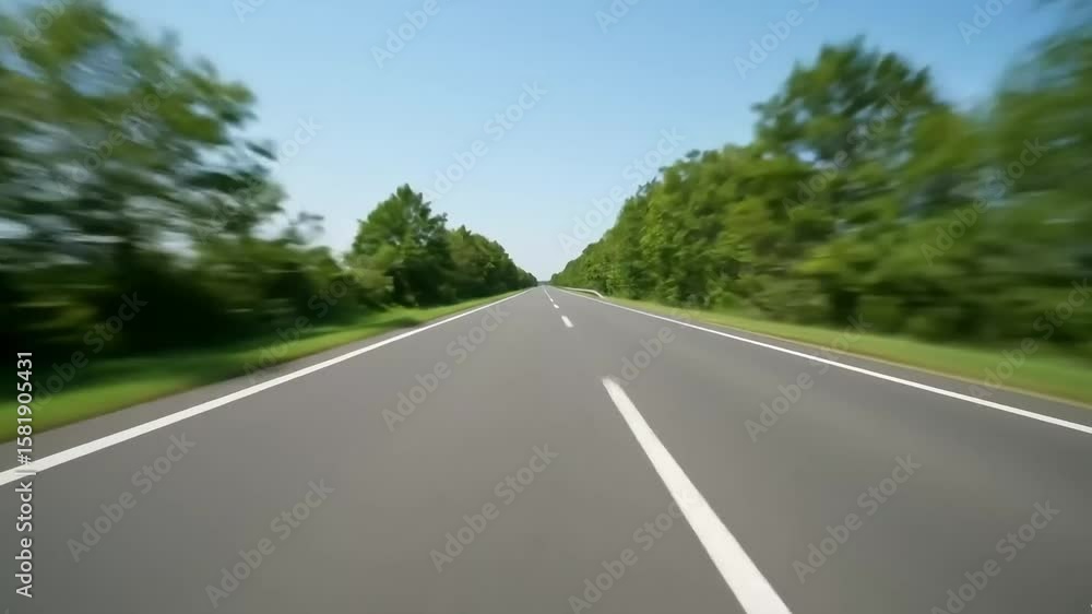 A fast point-of-view shot from a car driving down a straight country road lined with green trees a perfect dynamic clip for travel and journey concepts