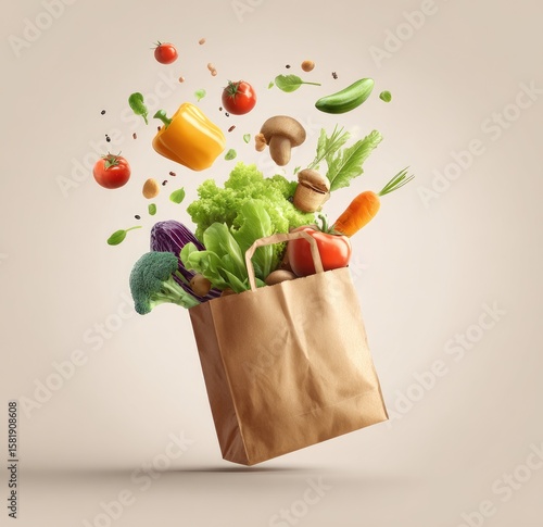 A brown paper bag overflowing with vibrant vegetables and herbs, levitating against a muted background; some produce floats dynamically around it