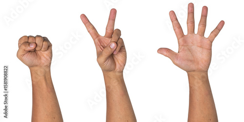 front side view of rock scissor and paper hand gesture isolated on white background. transparent png