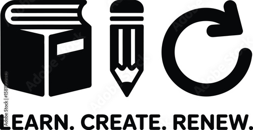 Book pencil and refresh icon representing learn create renew silhouette isolated on white background