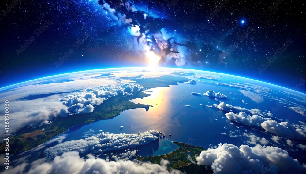 Fototapeta premium Earth from space, sunrise view, with nebula