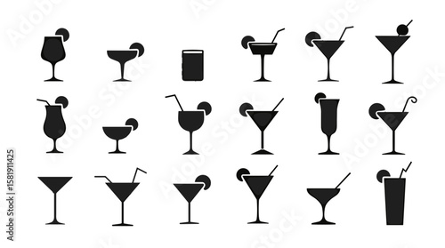 Various cocktail silhouettes in black on white background  