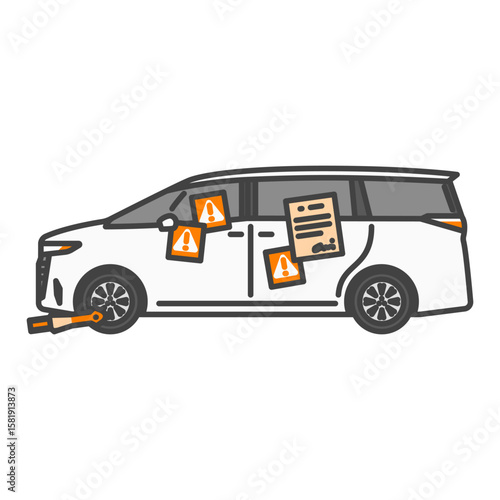 イラスト素材：警告ステッカーが貼られた白い高級ミニバン（駐車違反・駐車禁止・駐禁）