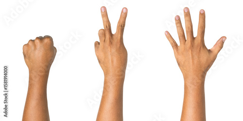 back side view of rock scissor and paper hand gesture isolated on white background. transparent png