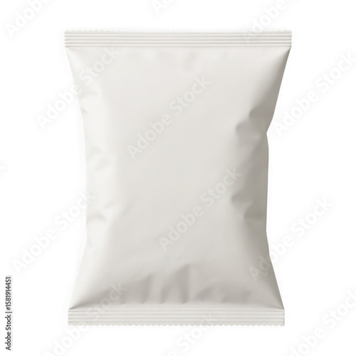 Blank white snack bag packaging with crimped edges isolated on a transparent background for product mockups isolated on transparent background