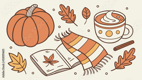 Illustration of a pumpkin, leaves, a scarf, a book, a cup of coffee, and a cinnamon stick on a table