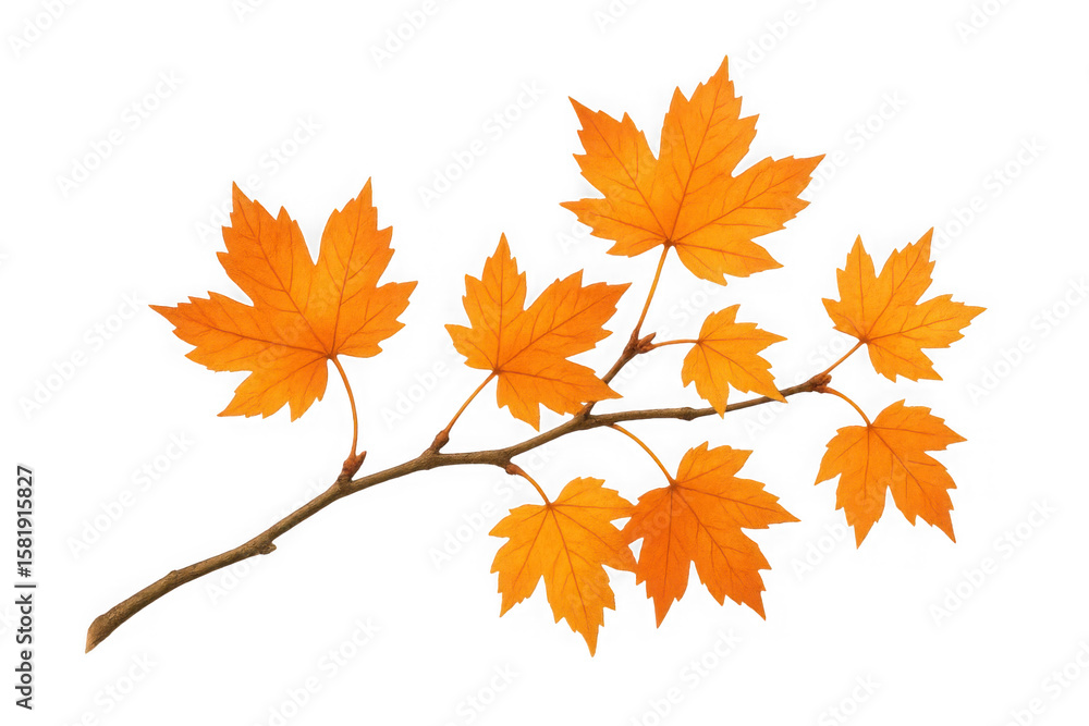 A cluster of vibrant orange maple leaves on a thin branch isolated on transparent background A cluster of vibrant orange maple leaves on a thin branch isolated on transparent background