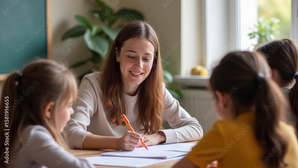 Fototapeta premium Inclusive Education: Diverse Students Engaging with Compassionate Teacher in Classroom
