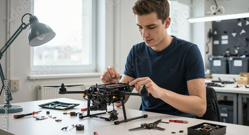 Wallpaper Mural Man in blue shirt working on drone assembly in bright workshop. Technology development and engineering projects. STEM education and robotics training programs Torontodigital.ca