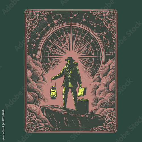 adventure seeker’s compass illustrated in engraved vector for mystic decks