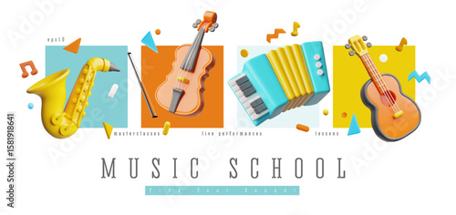 Acoustic guitar, violin, accordion and saxophone, 3D realistic music instruments vector advertising banner design