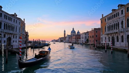 A beautiful sunset over the Grand Canal in Venice Italy with gondolas and historic buildings a perfect romantic and iconic European travel destination scene