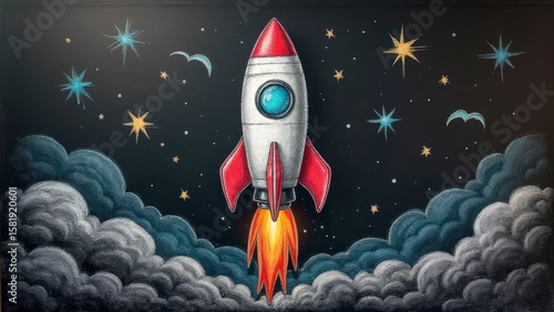 Abstract Education Photography: Hand-drawn Rocket Ship on Blackboard with Clouds for Learning Inspiration