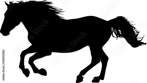Silhouette of a horse running with its mane and tail flowing in the wind against a white background view