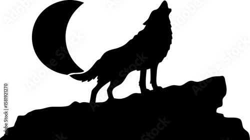 Silhouette of a wolf howling at a crescent moon standing on a rocky outcrop in the darkness of night