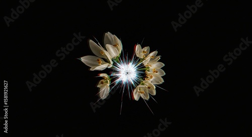 Delicate white flower petals arranged in a circular pattern around a bright sparkling light source on a black background