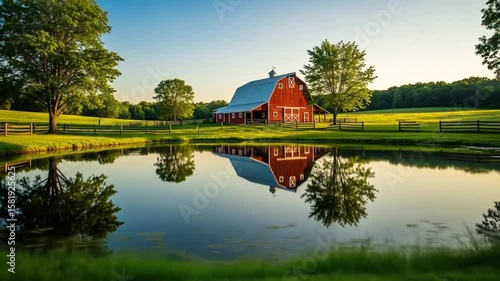 Red Barn Reflected in Calm Farm Pond at Sunrise