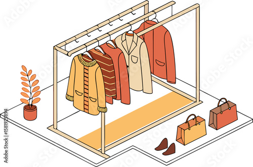 Isometric view of a clothing rack with hanging garments, plant, bags, and shoes on a white surface area
