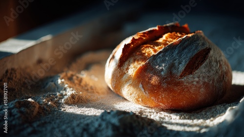 Freshly baked bread on flour dust rustic kitchen food photography warm lighting