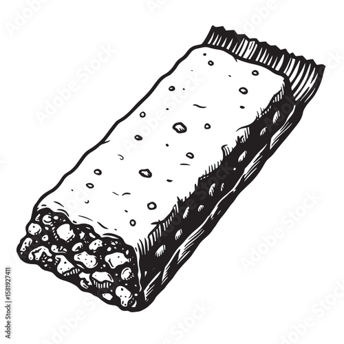 Black and white drawing of a granola bar with nuts and seeds snack food