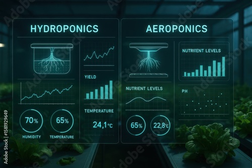 Hydroponic and Aeroponic Farming Setup with UI Panel and Crop Data Display