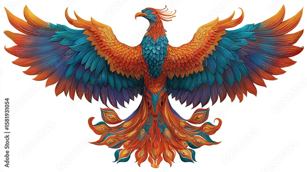 Fototapeta premium Vibrant phoenix with outstretched wings, detailed plumage in warm and cool hues