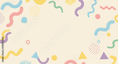 Playful abstract geometric pattern with colorful pastel shapes in a vibrant retro 80s Memphis style.

