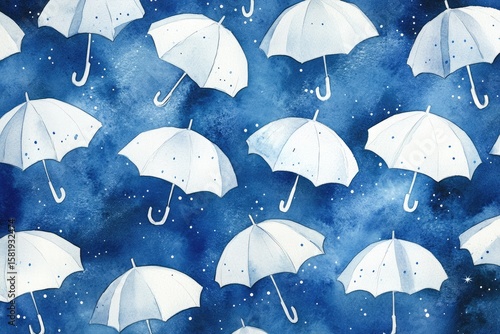 White umbrellas float against a starry, watercolor night sky
