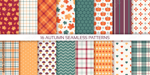 Autumn seamless pattern. Backgrounds in fall design. Set autumnal prints with leaves, pumpkin, dots, check, stripes, zigzag. Seasonal geometric textures. Harvest wallpapers. Vector illustration.