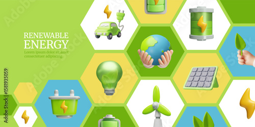3D green energy support banner with planet, battery, plug, turbine, light bulb icons.
