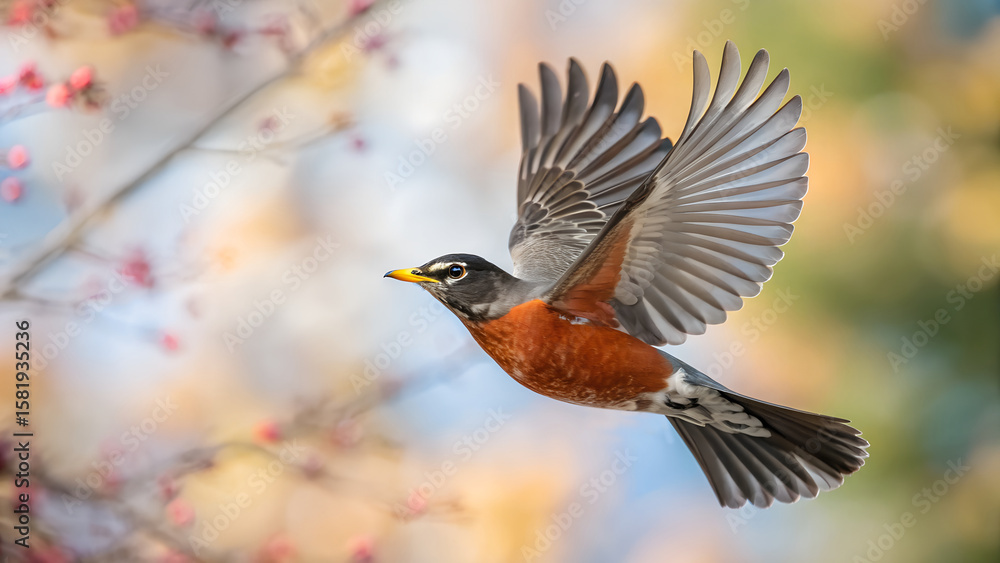 Fototapeta premium American Robin Flying with Spread Wings and Colorful Blurred Background