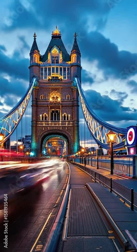 London Tower Bridge At Night With Car Light Trails Time Lapse