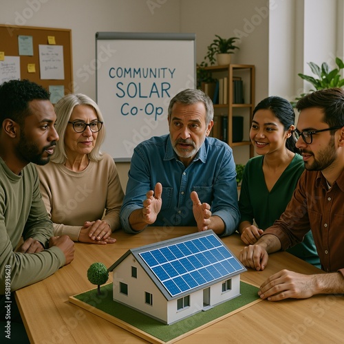 Diverse group of people discussing community solar co-op with house model. Sustainable energy solution concept.