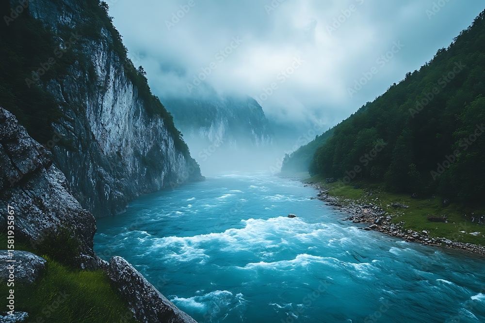 Obraz premium A misty river winds through a dramatic mountain valley with steep cliffs