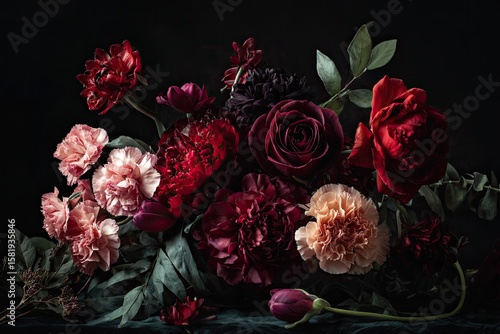 Wallpaper Mural A lush arrangement of dark red, burgundy, and pink flowers?roses, carnations, peonies, and tulips? artfully composed against a deep black backdrop Torontodigital.ca