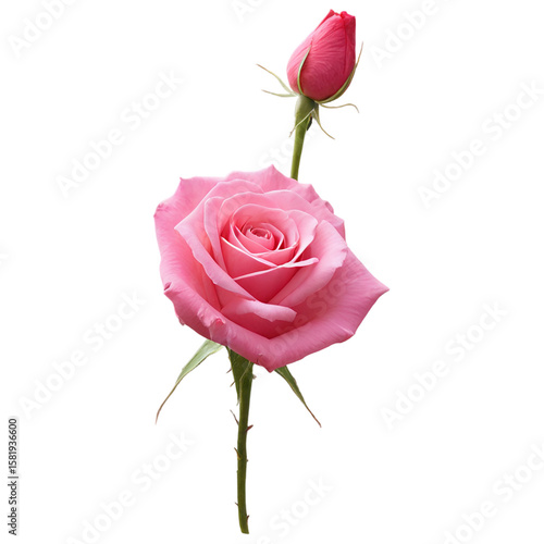 Pink Rose's Beauty Unveiled: A delicate pink rose, its petals fully bloomed, stands gracefully alongside a closed bud, showcasing the tender transition of nature's beauty.