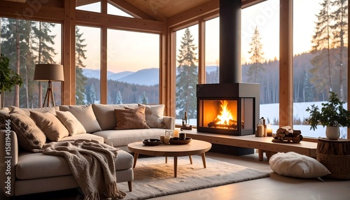 Cozy winter living room with fireplace and mountain view