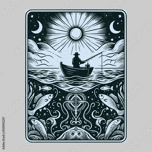 mythic bite on the line, vector fishing scene with aquatic nightmare