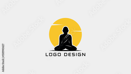 Minimalist monk silhouette meditating in front of a yellow sun, perfect for wellness apps, yoga centers, or spiritual lifestyle branding