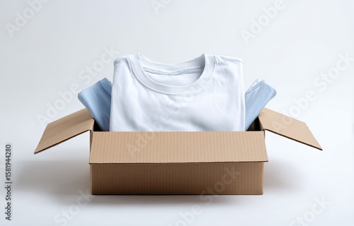 A neatly folded white t-shirt and light blue folded items sit inside an open cardboard box on a white background
