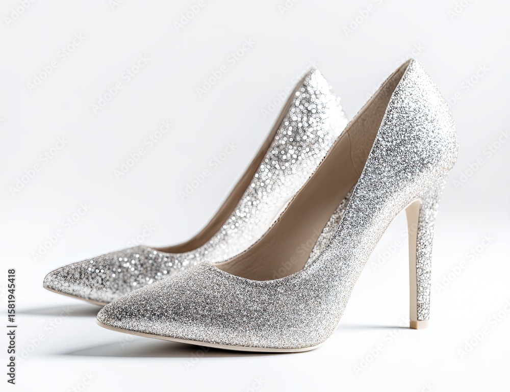 Obraz premium A pair of silver glitter high-heeled pumps with pointed toes, angled slightly, set against a stark white background. The shoes showcase a delicate, sparkly texture
