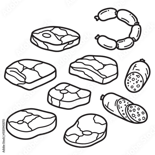 Raw meat steaks and sausages vintage art sliced sausage