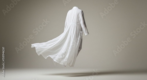 Elegant flowing white lab coat suspended in mid-air with a dramatic billowing effect against a soft neutral background