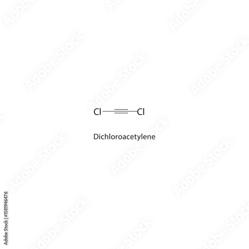 Dichloroacetylene skeletal structure. halogen alkyne compound schematic illustration. Simple diagram, chemical formula.