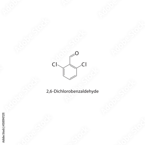 2,6-Dichlorobenzaldehyde skeletal structure. halogen aldehyde compound schematic illustration. Simple diagram, chemical formula.