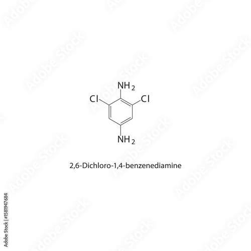 2,6-Dichloro-1,4-benzenediamine skeletal structure. halogen diamine compound schematic illustration. Simple diagram, chemical formula.