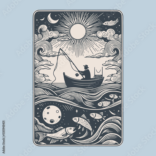classic vector rendering of fishing with lurking deepwater monster