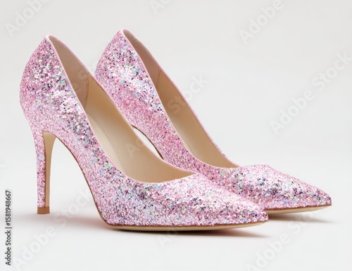 A pair of pink glitter high-heeled pumps with pointed toes, positioned slightly apart on a light background.  The shoes feature a delicate stiletto heel and a subtle iridescent shimmer